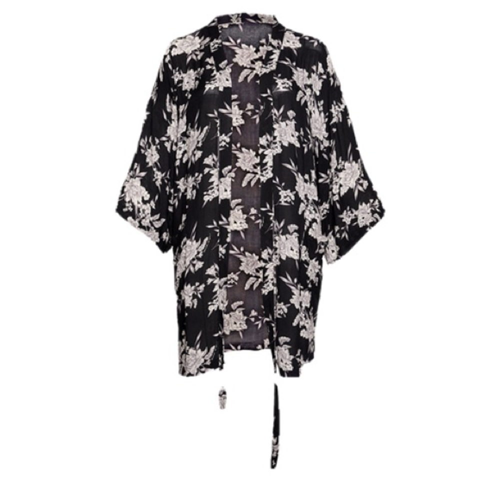 SPIRITUAL GANGSTER Women's Tie Front Black Floral Cardigan Robe Duster - Picture 2 of 6